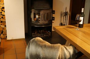 Bei einem Glas Wein das Feuer im Ofen beobachten, das ist Urlaub