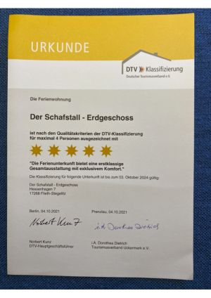 Der Deutsche Torismus-Verband hat die Ferienwohnung im Oktober 2021 mit 5 Sternen klassifiziert.