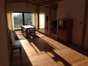 Der Blick geht nach Süden durch die Schiebetüren auf den Balkon