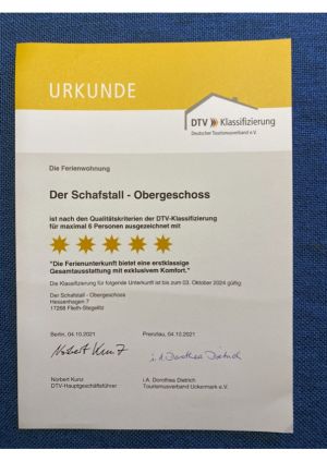 Der Deutsche Tourismus-Verband hat die Ferienwohnung im Oktober 2021 mit 5 Sternen klassifiziert.