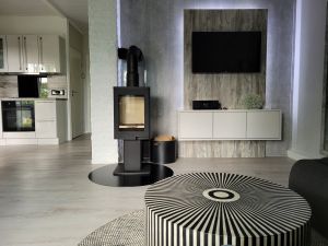 Blick vom Sofa zu Kamin und TV-Wand