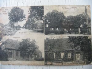 Pfarrhaus mit Kambser Kirche ca 1930, der Stall rechts wurde in den späten 60ern für den DDR-Spielfilm "Mann gegen Mann" (Regisseur Prof. Kurt Metzig) abgebrannt