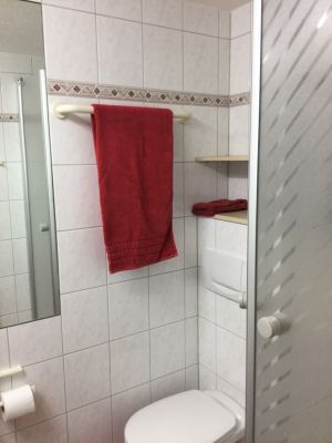 Ein beleuchteter Kosmetikspiegel 10x und ein Haartrockner ist vorhanden