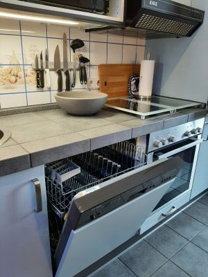 mit Komplettausstattung 
(u.a. Geschirrspüler, Mikrowelle, Herd/Backofen etc.)