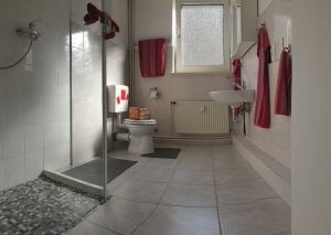 Bad mit Dusche Bad, gefliest:
ebenerdige Dusche, Toilette, Badhängeschrank mit Spiegel, Waschbecken, Handtuch- und Duschtuchhalter