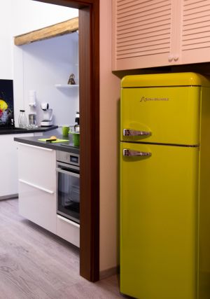 Blick aus dem Flur in die Küche, im Vordergrund neuer Kühlschrank im Retrolook