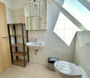 Im Badezimmer finden Sie eine Dusche, WC, Waschbecken, Stuhl mit Handtuchhalterlehne, ein Regal und einen Spiegelschrank mit Stromanschluss.
