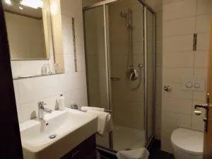 Badezimmer mit Dusche und WC, Handtücher, Badschränkchen, Haartrockner, Kosmetiktücher, Seife, Duschgel und Körperlotion