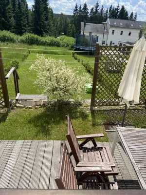 Terrasse mit Sitzmöbeln,Sonnenschirm,Box für die Sitzauflagen und dazugehöriger Liegewiese mit Sandkasten ( Sandspielsachen und Liegestühle,Grill und Zubehör befinden sich in der Garage,in welcher auch die Fahrräder sicher verwahrt werden können)