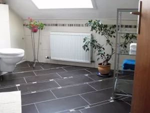 Das Bad hat ein großes Dachfenster, das bringt viel Licht und frische Luft in Badezimmer.