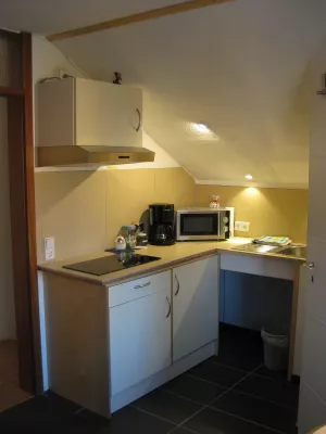 Küchenzeile mit Kühlschrank, 2 Cerankochfelder, Microwelle, Kaffeemaschine, reichlich Geschirr und Töpfe, Besteck etc. Kaffee und Tee stehen kostenfrei zur Verfügung.