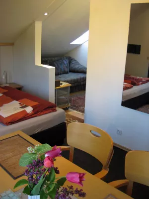 Kleiner Nebenraum mit Schlafcouch und Schrägfenster.