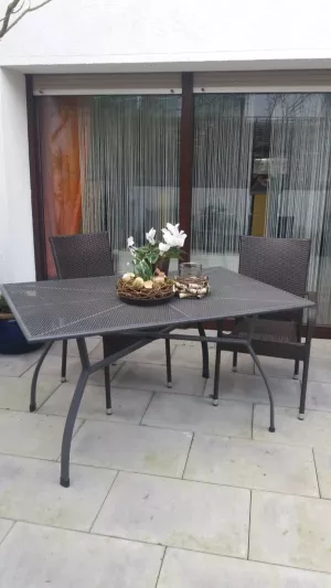 Terrasse mit Möbel, Grillmöglichkei und einen Fahrradschuppen