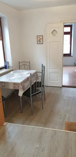 der Essbereich vom Esstisch aus kann man auf den Hofplatz und ein wenig Grün blicken.